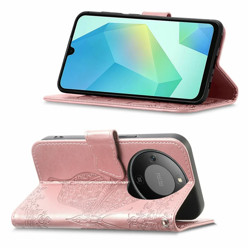 Étui Pour Honor X70 Pro 5G avec Sangle Motif Papillon Cuir PU Portefeuille Housse de Téléphone - Or Rose