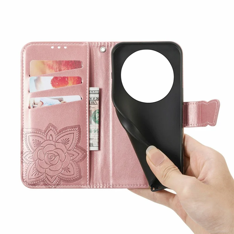 Étui Pour Honor X70 Pro 5G avec Sangle Motif Papillon Cuir PU Portefeuille Housse de Téléphone - Or Rose