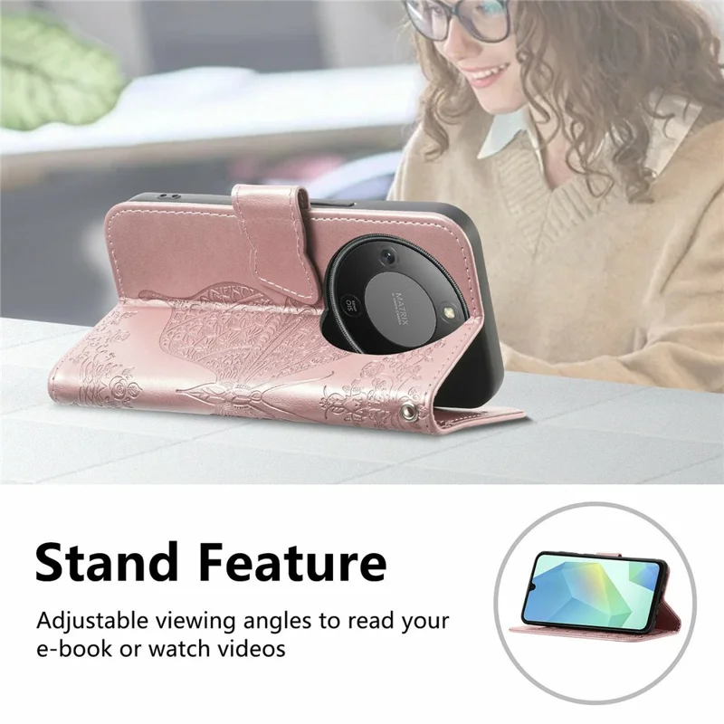 Étui Pour Honor X70 Pro 5G avec Sangle Motif Papillon Cuir PU Portefeuille Housse de Téléphone - Or Rose