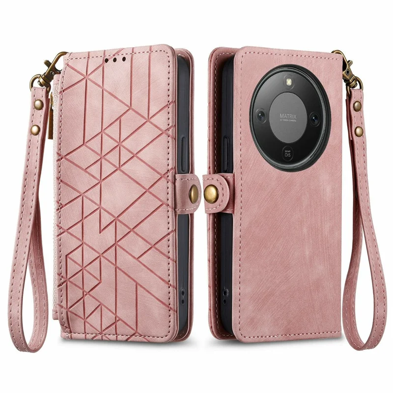 Étui pour téléphone portable For Honor X70 Pro 5G avec fermeture éclair, portefeuille, motif géométrique, en cuir, avec sangle - Rose