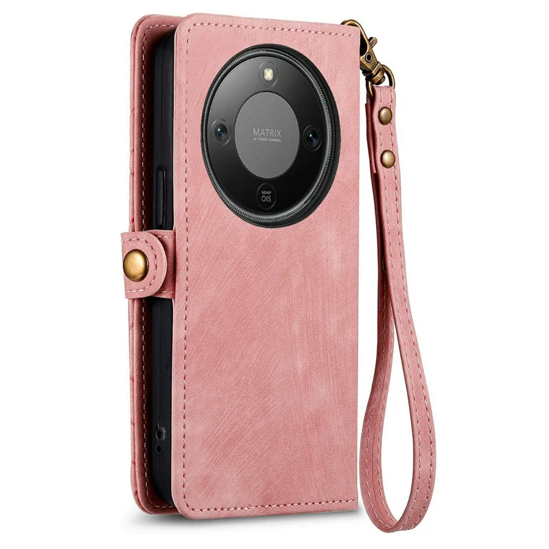 Étui pour téléphone portable For Honor X70 Pro 5G avec fermeture éclair, portefeuille, motif géométrique, en cuir, avec sangle - Rose