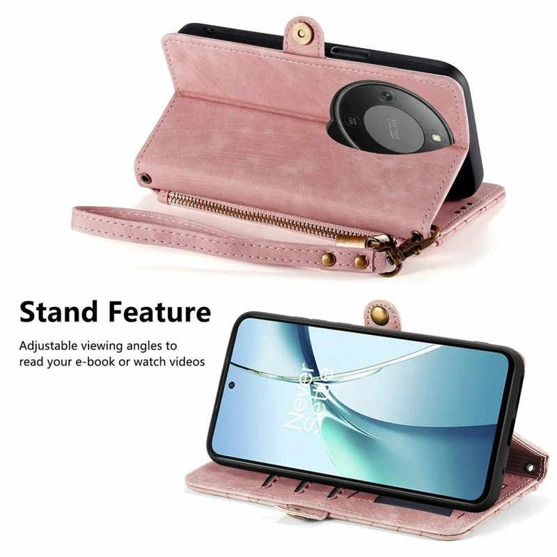 Étui pour téléphone portable For Honor X70 Pro 5G avec fermeture éclair, portefeuille, motif géométrique, en cuir, avec sangle - Rose