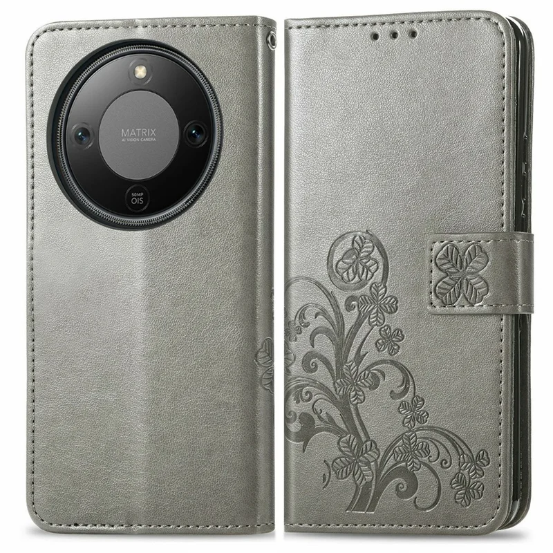 Étui en cuir For Honor X70 Pro 5G à quatre feuilles de trèfle - Gris
