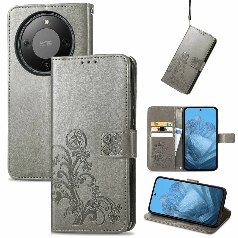 Étui en cuir For Honor X70 Pro 5G à quatre feuilles de trèfle - Gris