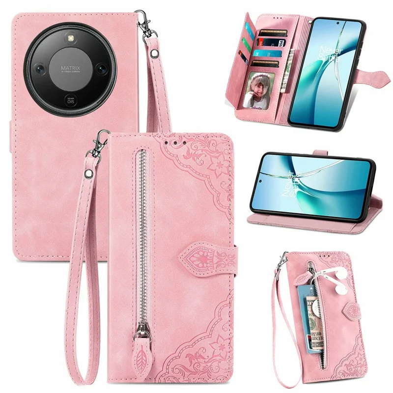 Étui portefeuille à fermeture éclair pour Honor X70 Pro 5G avec sangle, motif floral, housse de téléphone en cuir PU - Rose
