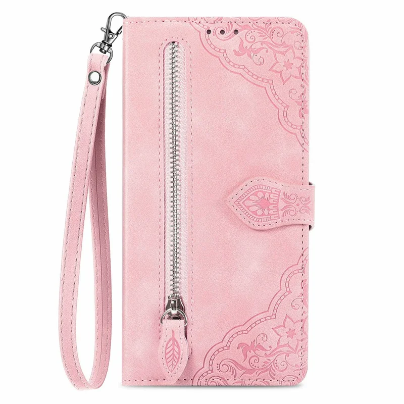 Étui portefeuille à fermeture éclair pour Honor X70 Pro 5G avec sangle, motif floral, housse de téléphone en cuir PU - Rose
