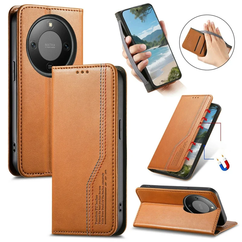 Étui portefeuille Pour Honor X70 Pro 5G Couture tricolore en cuir avec bracelet élastique - Marron