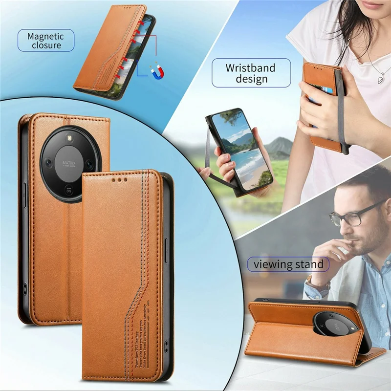 Étui portefeuille Pour Honor X70 Pro 5G Couture tricolore en cuir avec bracelet élastique - Marron