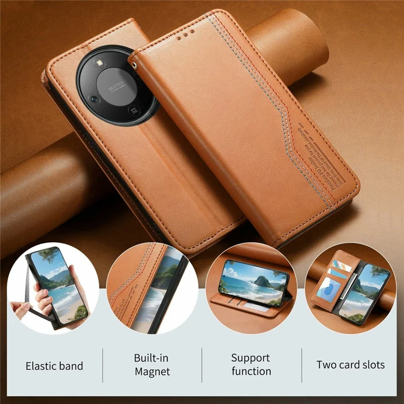 Étui portefeuille Pour Honor X70 Pro 5G Couture tricolore en cuir avec bracelet élastique - Marron