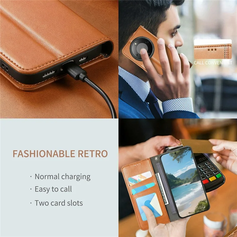 Étui portefeuille Pour Honor X70 Pro 5G Couture tricolore en cuir avec bracelet élastique - Marron