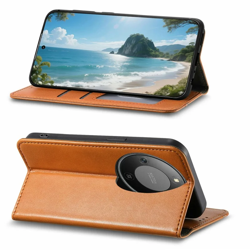 Étui portefeuille Pour Honor X70 Pro 5G Couture tricolore en cuir avec bracelet élastique - Marron