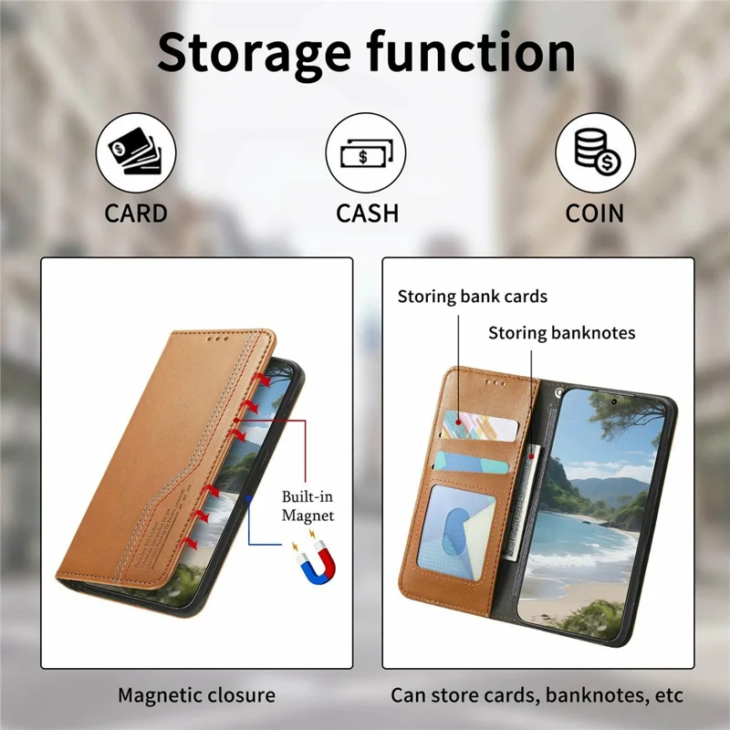 Étui portefeuille Pour Honor X70 Pro 5G Couture tricolore en cuir avec bracelet élastique - Marron