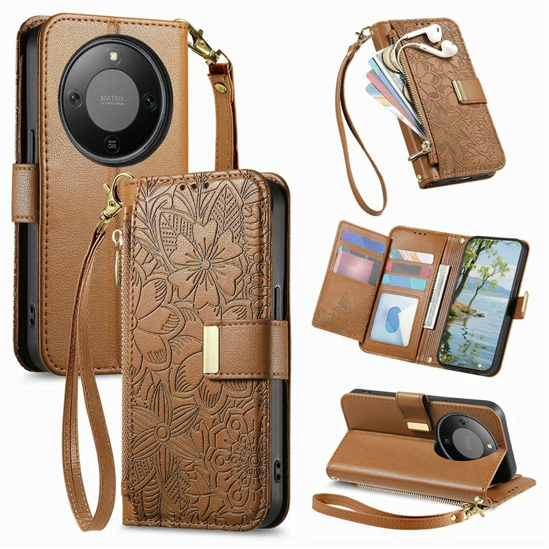 Étui pour Honor X70 Pro 5G Motif Floral et Feuilles Multi-Emplacements pour Cartes Fermeture Éclair Housse en Cuir pour Téléphone avec Bracelet - Marron