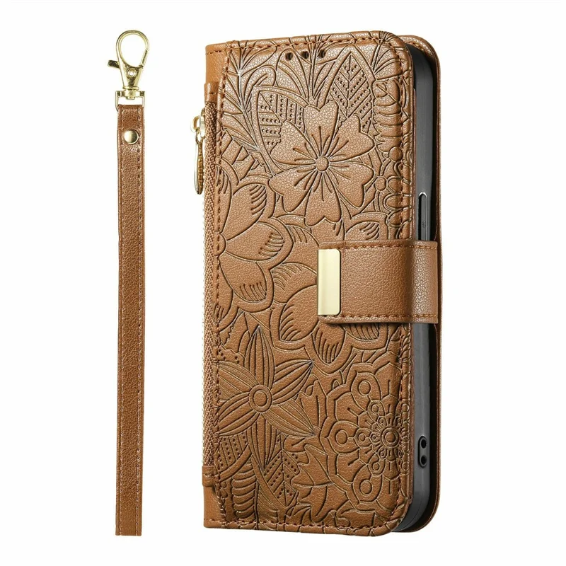 Étui pour Honor X70 Pro 5G Motif Floral et Feuilles Multi-Emplacements pour Cartes Fermeture Éclair Housse en Cuir pour Téléphone avec Bracelet - Marron