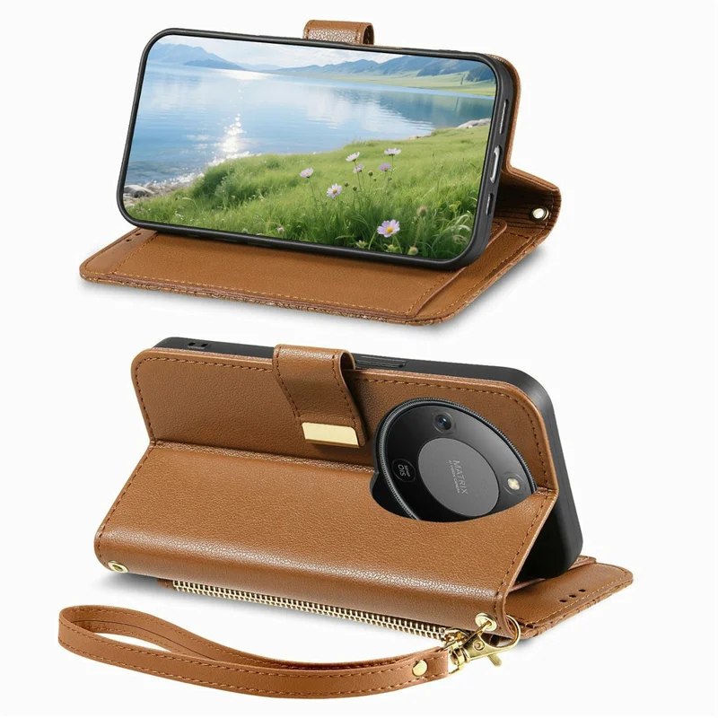 Étui pour Honor X70 Pro 5G Motif Floral et Feuilles Multi-Emplacements pour Cartes Fermeture Éclair Housse en Cuir pour Téléphone avec Bracelet - Marron