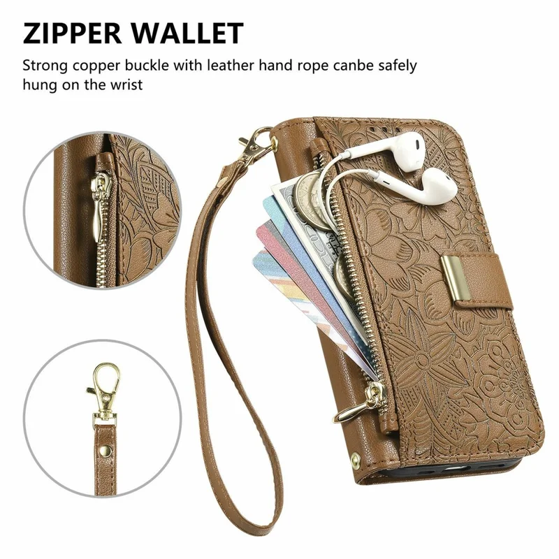 Étui pour Honor X70 Pro 5G Motif Floral et Feuilles Multi-Emplacements pour Cartes Fermeture Éclair Housse en Cuir pour Téléphone avec Bracelet - Marron