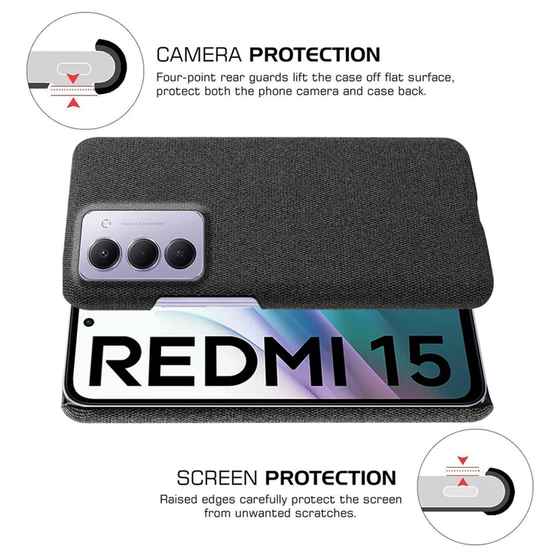For Xiaomi Redmi 15 4G (169mm) Phone Case Cloth Texture Anti-Scratch Protective PC Back Cover - Black