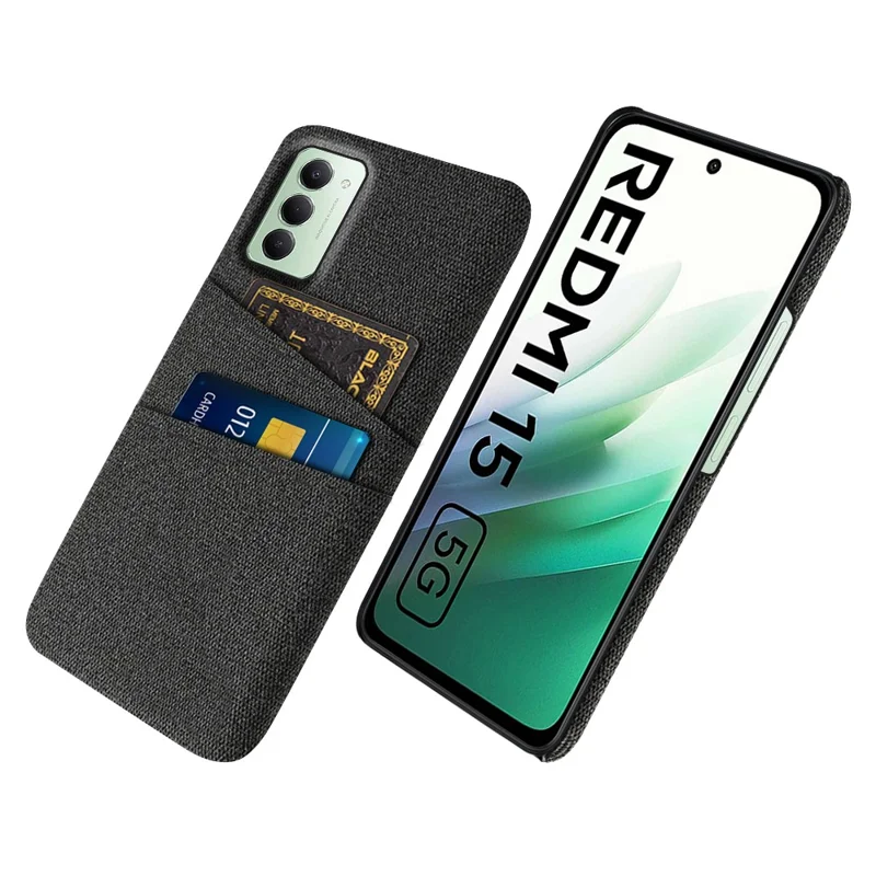 Для Xiaomi Redmi 15 5G (EU) (171 мм) Чехол из ткани + жесткий чехол из ПК с двумя слотами для карт - черный