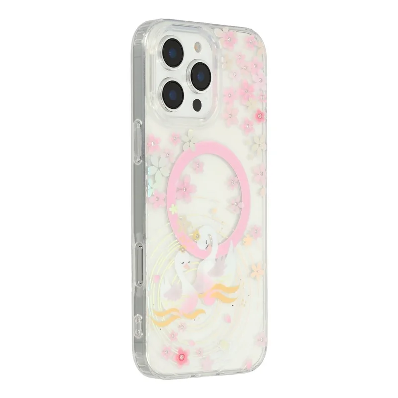 Funda para iPhone 16 Pro Compatible con MagSafe Cristales Incrustados Patrón IMD TPU PC Cubierta Trasera del Teléfono - Cisne