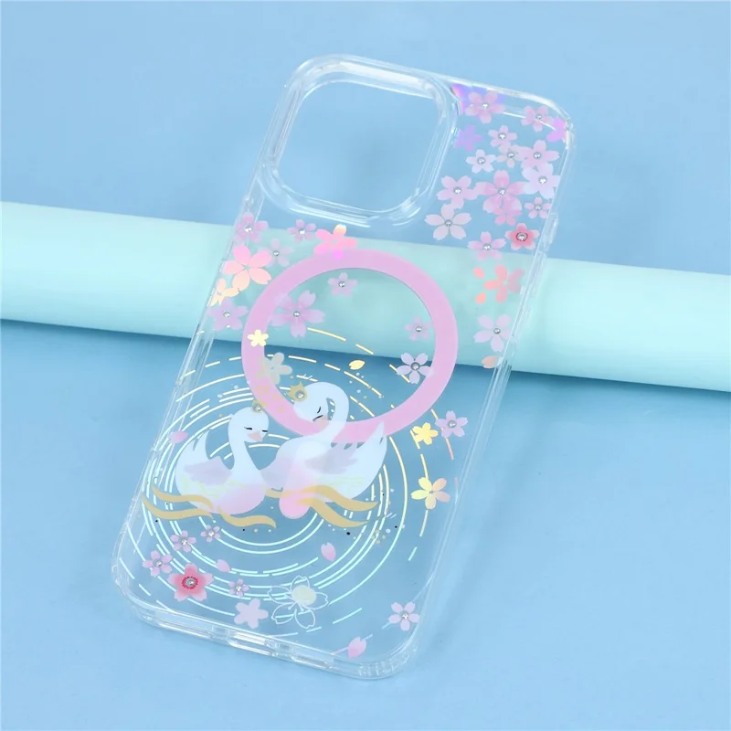 Funda para iPhone 16 Pro Compatible con MagSafe Cristales Incrustados Patrón IMD TPU PC Cubierta Trasera del Teléfono - Cisne