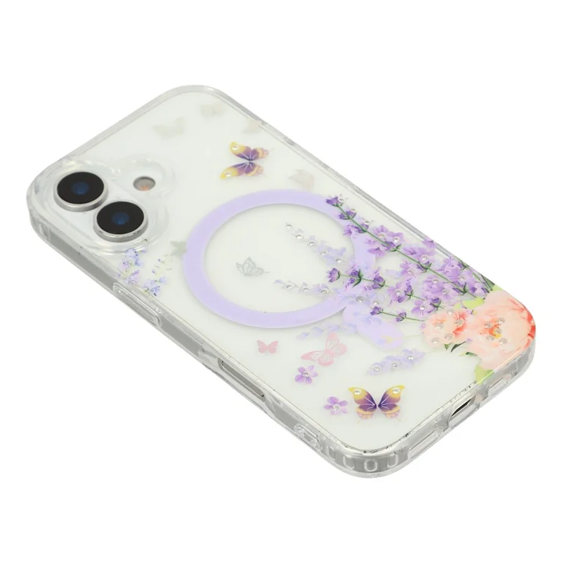 Funda para iPhone 17 Compatible con MagSafe con Incrustaciones de Pedrería, Patrón IMD, Cubierta Trasera de TPU y PC - Mariposa