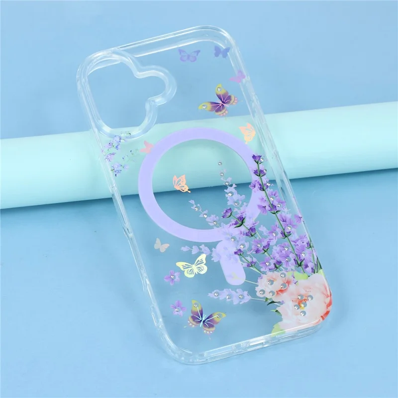 Funda para iPhone 17 Compatible con MagSafe con Incrustaciones de Pedrería, Patrón IMD, Cubierta Trasera de TPU y PC - Mariposa