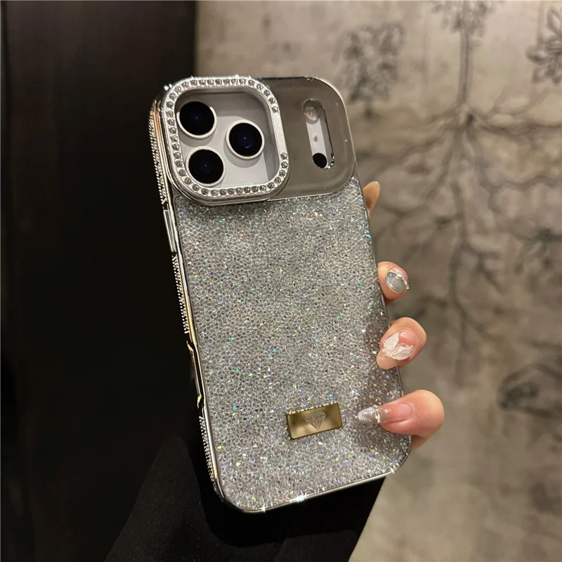 For iPhone 17 Pro Case Full Rhinestones Design Hidden Lens Kickstand TPU PC Phone Cover - Silver