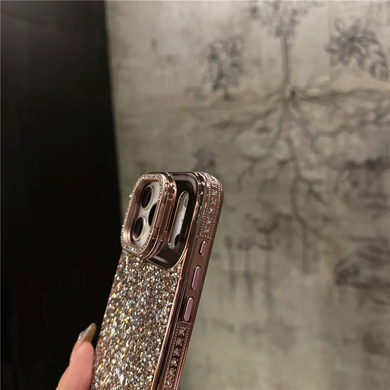 For iPhone 17 Pro Case Full Rhinestones Design Hidden Lens Kickstand TPU PC Phone Cover - Silver