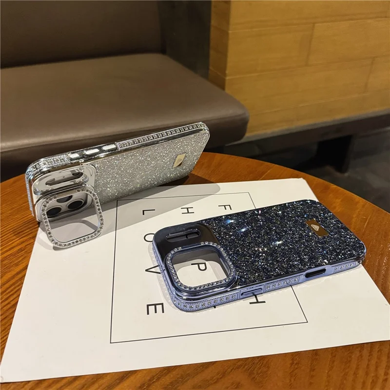 For iPhone 17 Pro Case Full Rhinestones Design Hidden Lens Kickstand TPU PC Phone Cover - Silver