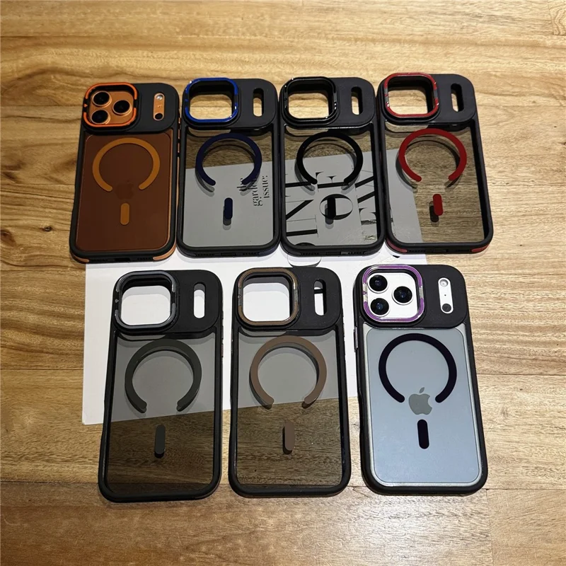 Funda para iPhone 17 Pro Max Compatible con MagSafe Lente Soporte Piel Toque PC TPU Funda de Teléfono - Naranja