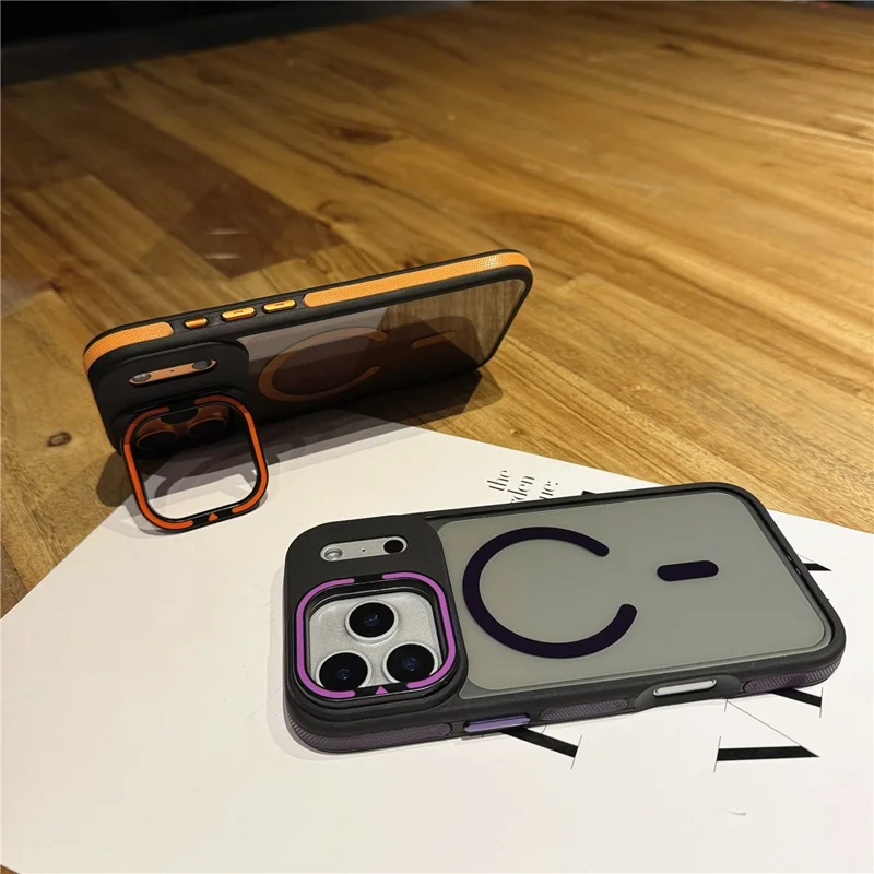 Funda para iPhone 17 Pro Max Compatible con MagSafe Lente Soporte Piel Toque PC TPU Funda de Teléfono - Naranja