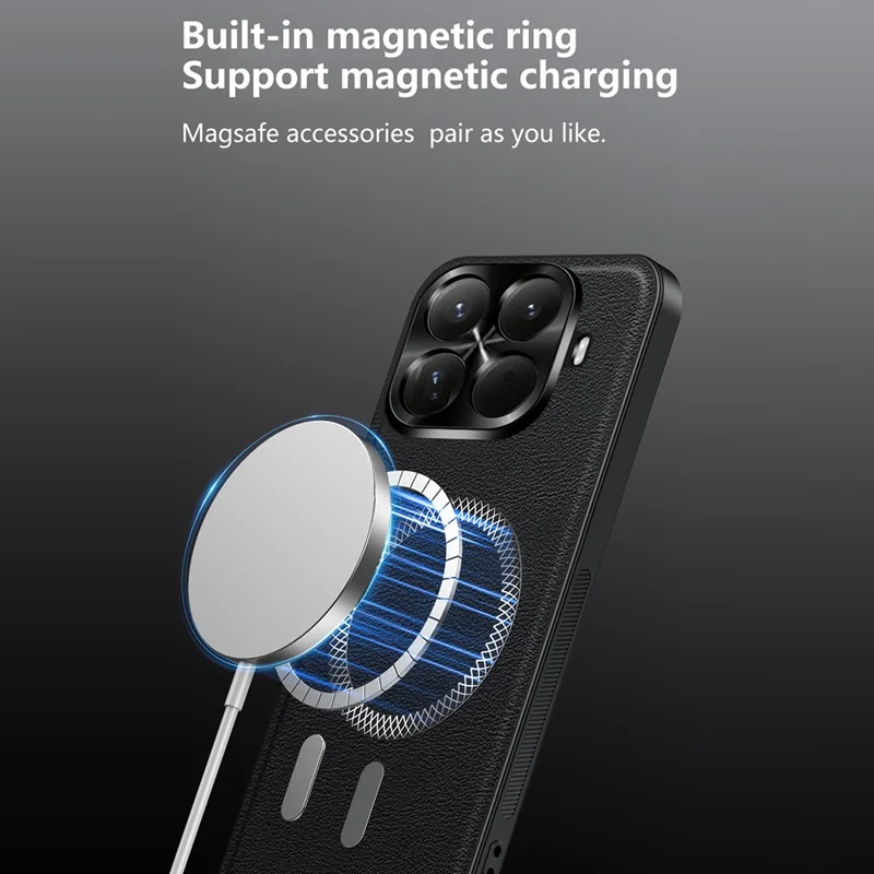 Étui pour Xiaomi 15T Compatible avec MagSafe, Housse de Téléphone en PU TPU PC avec Cadre de Lentille Métallique - Noir