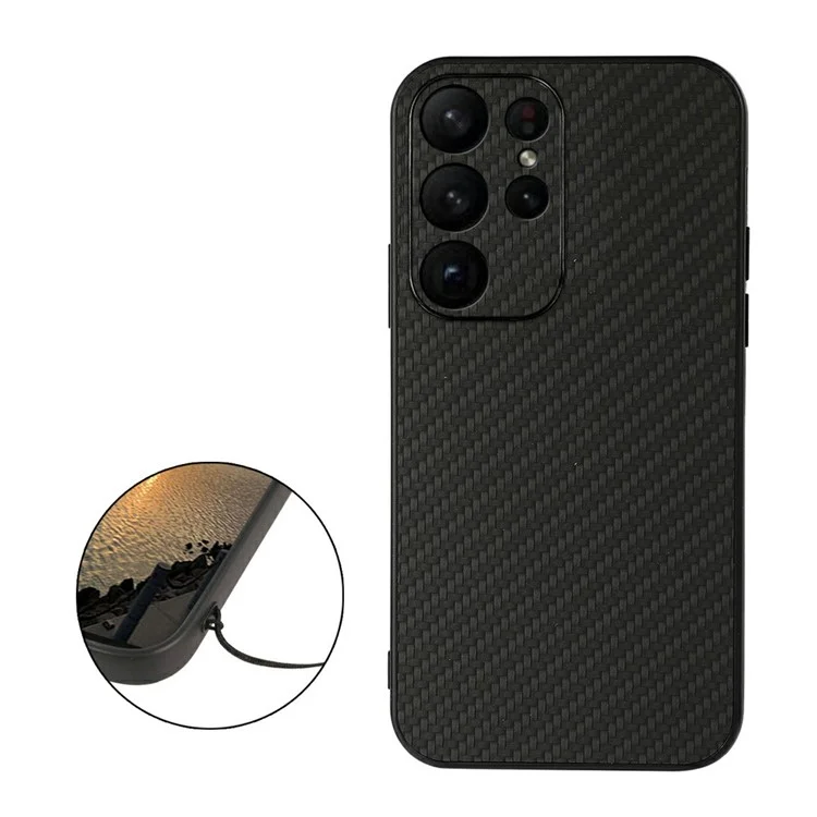 Carbon Fiber Texture Phone Case for Samsung Galaxy S23 Ultra, Anti-scratch PU Leather+TPU Back Cover - Black
