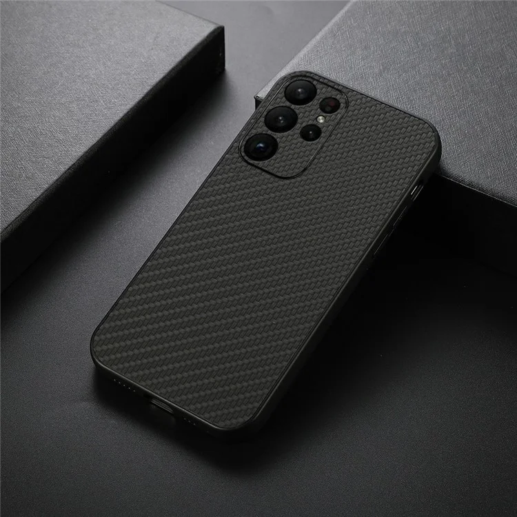 Carbon Fiber Texture Phone Case for Samsung Galaxy S23 Ultra, Anti-scratch PU Leather+TPU Back Cover - Black