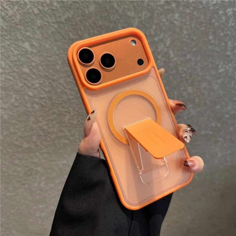 Funda para iPhone 17 Pro compatible con MagSafe, con soporte plegable y cubierta de piel de PC TPU - Naranja