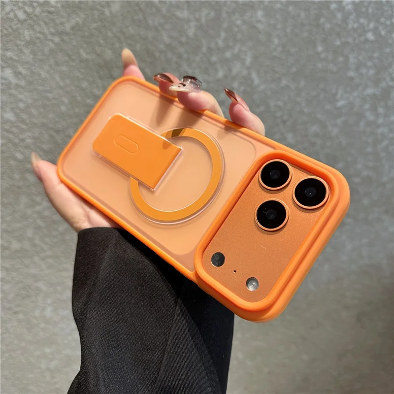 Funda para iPhone 17 Pro compatible con MagSafe, con soporte plegable y cubierta de piel de PC TPU - Naranja