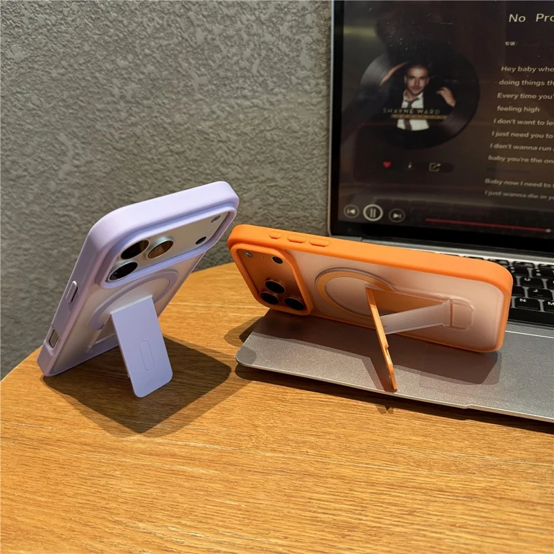 Funda para iPhone 17 Pro compatible con MagSafe, con soporte plegable y cubierta de piel de PC TPU - Naranja