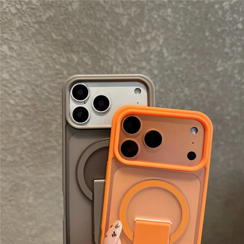 Funda para iPhone 17 Pro compatible con MagSafe, con soporte plegable y cubierta de piel de PC TPU - Naranja