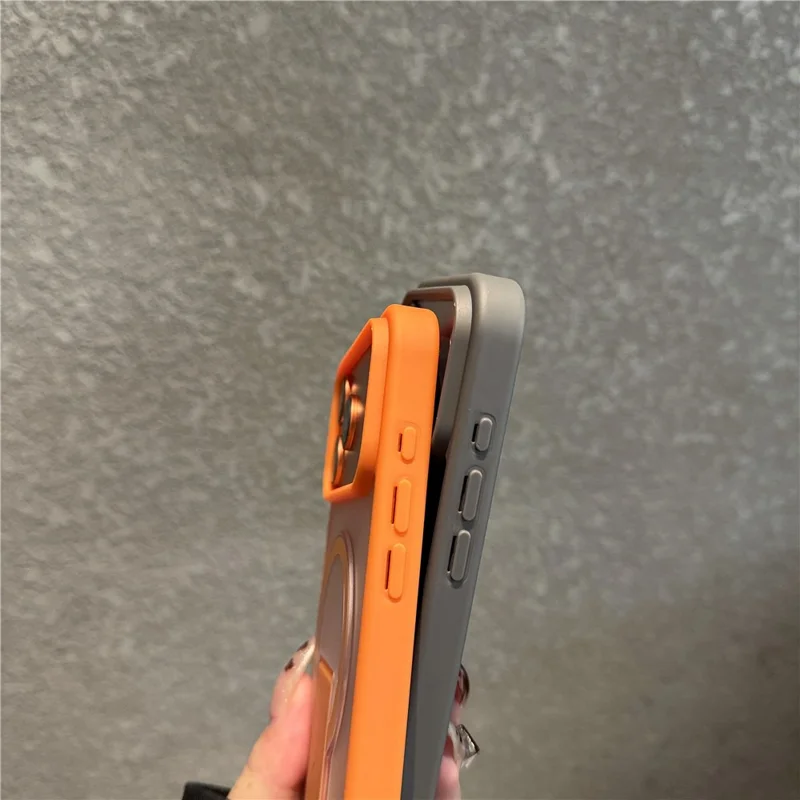 Funda para iPhone 17 Pro compatible con MagSafe, con soporte plegable y cubierta de piel de PC TPU - Naranja