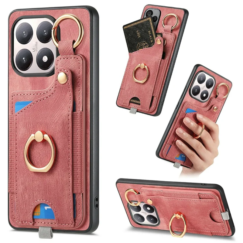 For Xiaomi 15T Retro Leather Phone Back Cover with Card Slots and Ring Holder - Pink