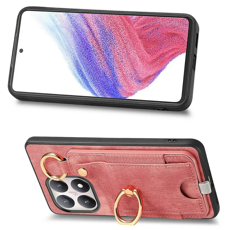 For Xiaomi 15T Retro Leather Phone Back Cover with Card Slots and Ring Holder - Pink