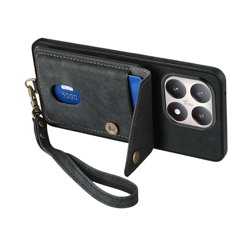 For Xiaomi 15T Case with Card Holder Kickstand Leather Phone Back Cover - Black