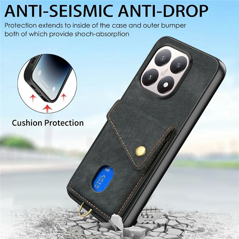 For Xiaomi 15T Case with Card Holder Kickstand Leather Phone Back Cover - Black