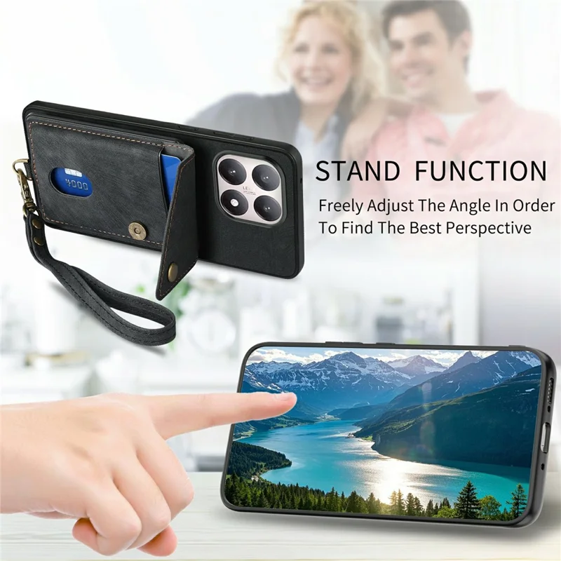For Xiaomi 15T Case with Card Holder Kickstand Leather Phone Back Cover - Black