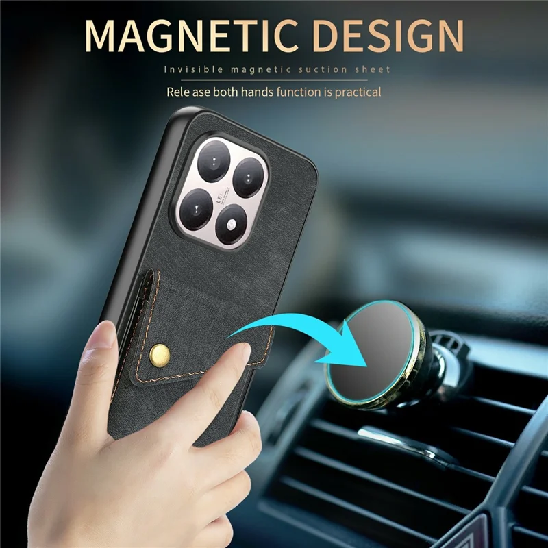 For Xiaomi 15T Case with Card Holder Kickstand Leather Phone Back Cover - Black