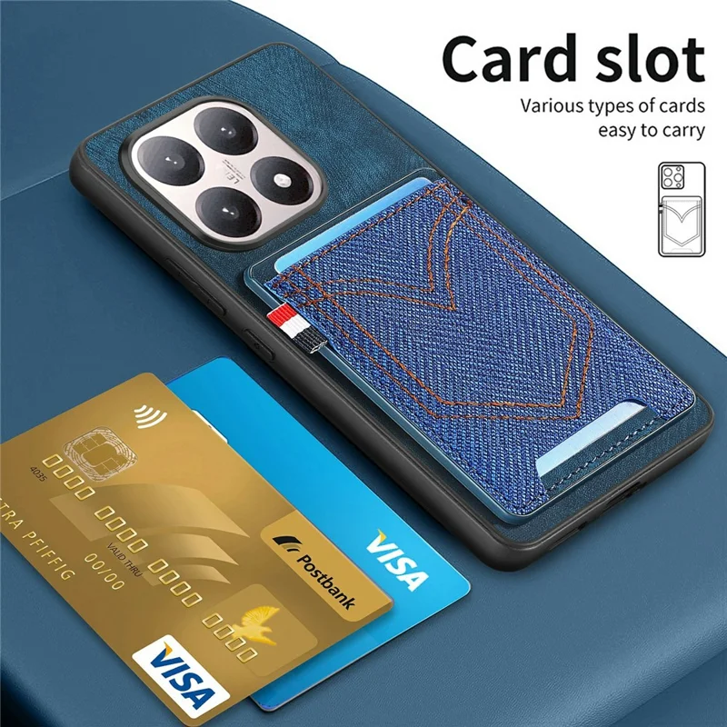 For Xiaomi 15T Case Retro Jean Cloth Texture Leather Back Phone Cover with Card Holder - Blue
