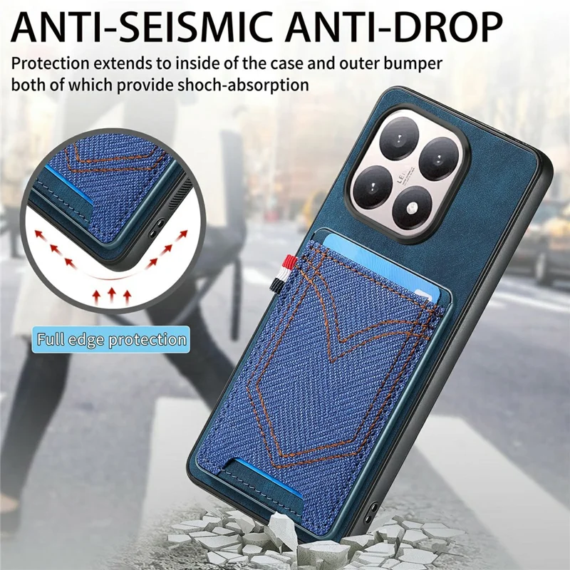 For Xiaomi 15T Case Retro Jean Cloth Texture Leather Back Phone Cover with Card Holder - Blue