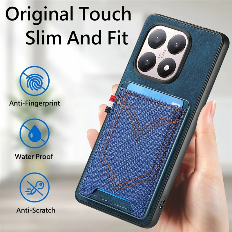 For Xiaomi 15T Case Retro Jean Cloth Texture Leather Back Phone Cover with Card Holder - Blue