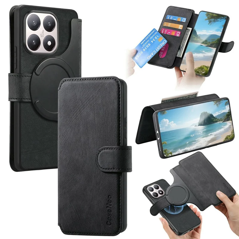 For Xiaomi 15T Magnetic Case CASENEO Detachable Leather Phone Wallet Cover - Black