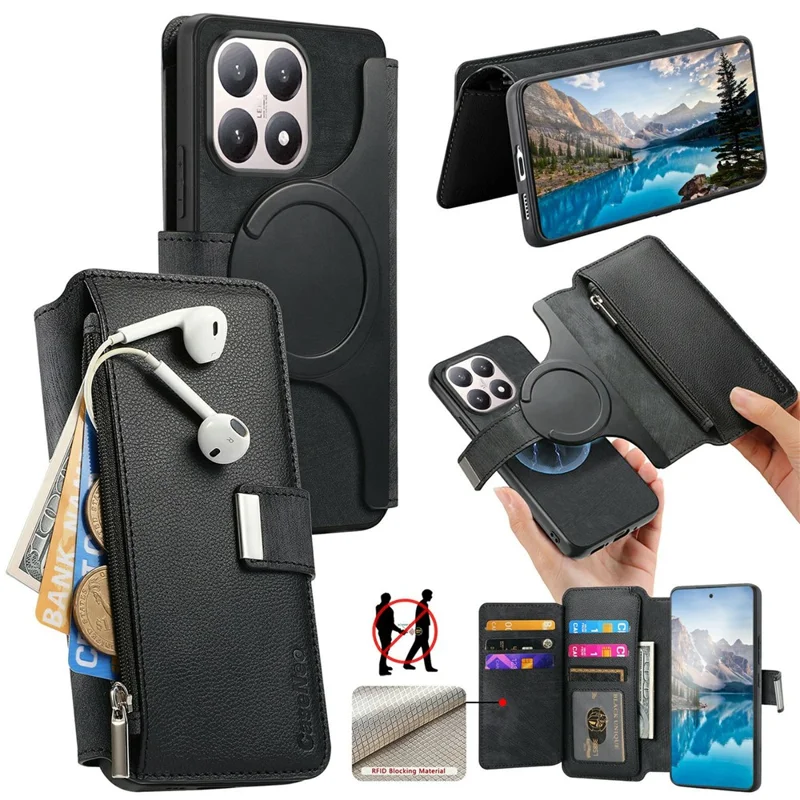 For Xiaomi 15T Case CASENEO MW-02 Detachable Magnetic Leather Flip Phone Cover - Black